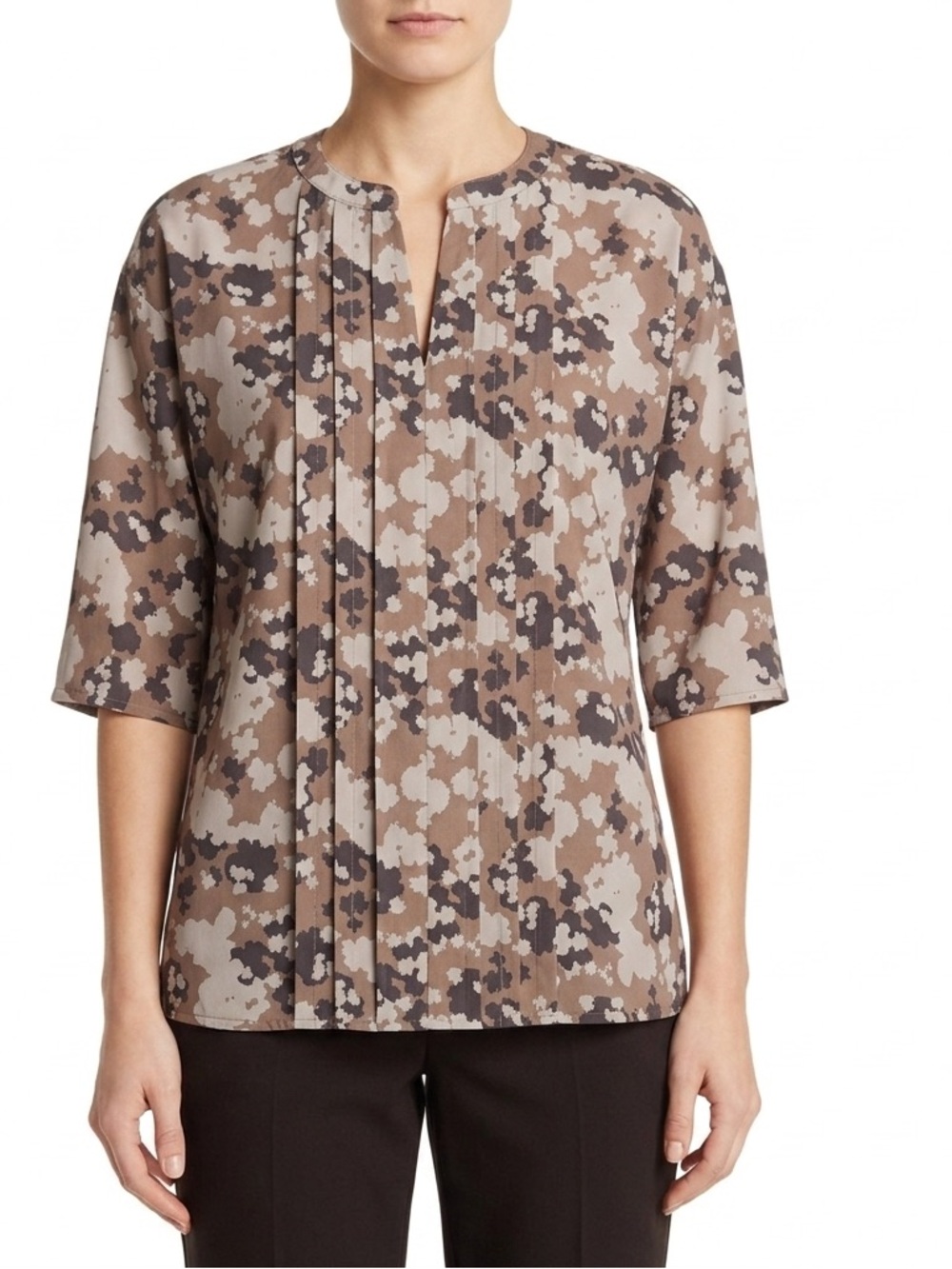 Banana Republic Brown Tan Abstract Floral Pleated Blouse